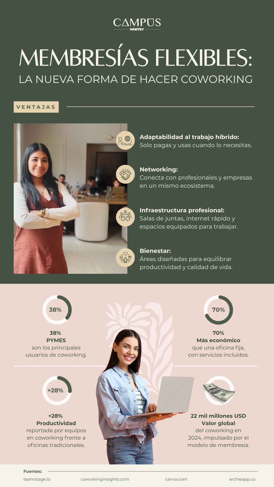 Infografía pros y contras de membresía flexible en coworking.